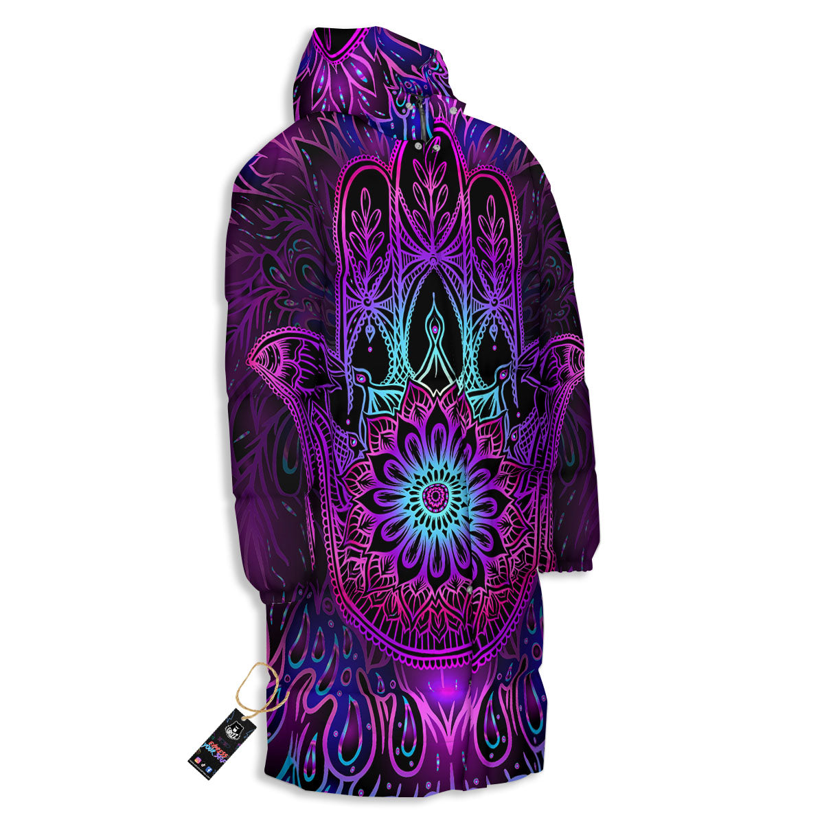 Hamsa Hand Purple Print Long Down Jacket-grizzshop