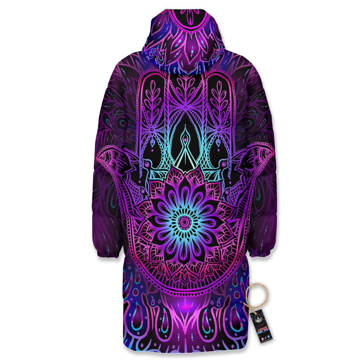 Hamsa Hand Purple Print Long Down Jacket-grizzshop