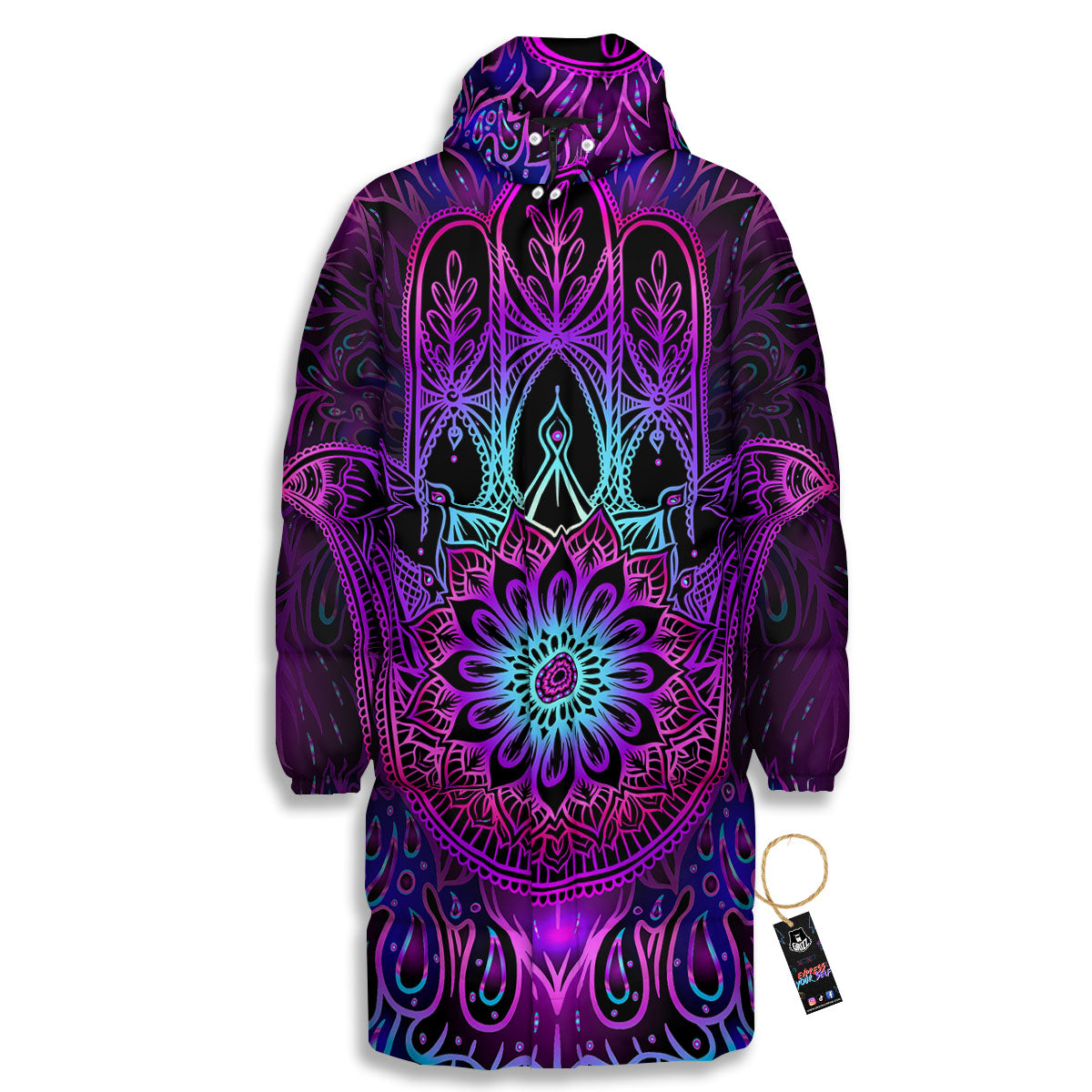 Hamsa Hand Purple Print Long Down Jacket-grizzshop