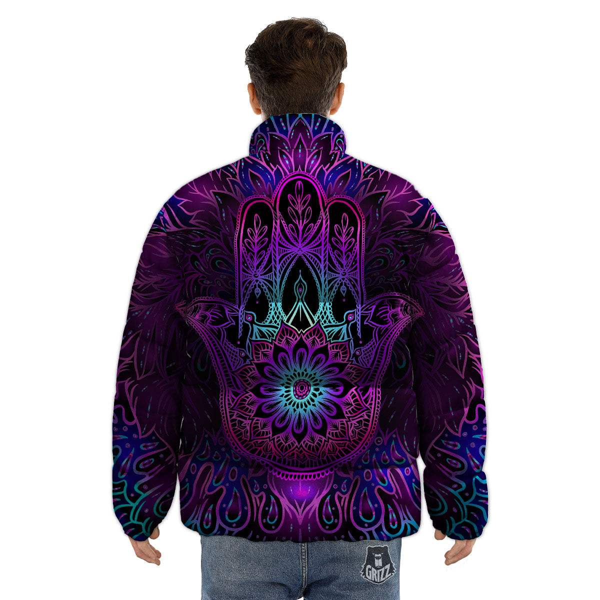 Hamsa Hand Purple Print Puffer Jacket-grizzshop