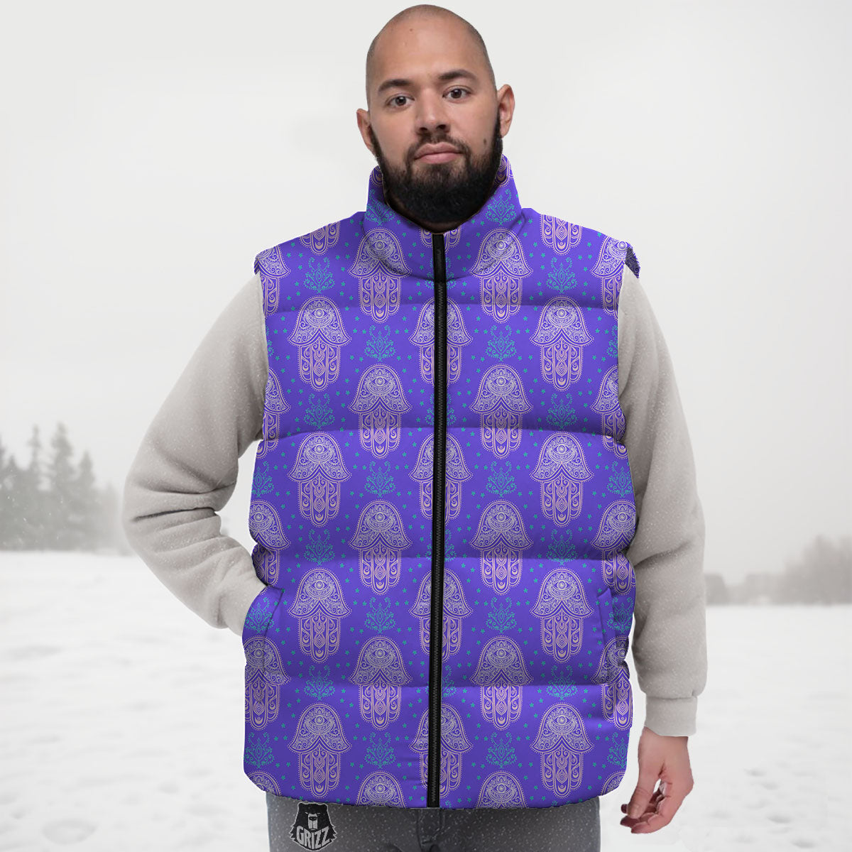 Hamsa Indian Print Pattern Down Vest-grizzshop