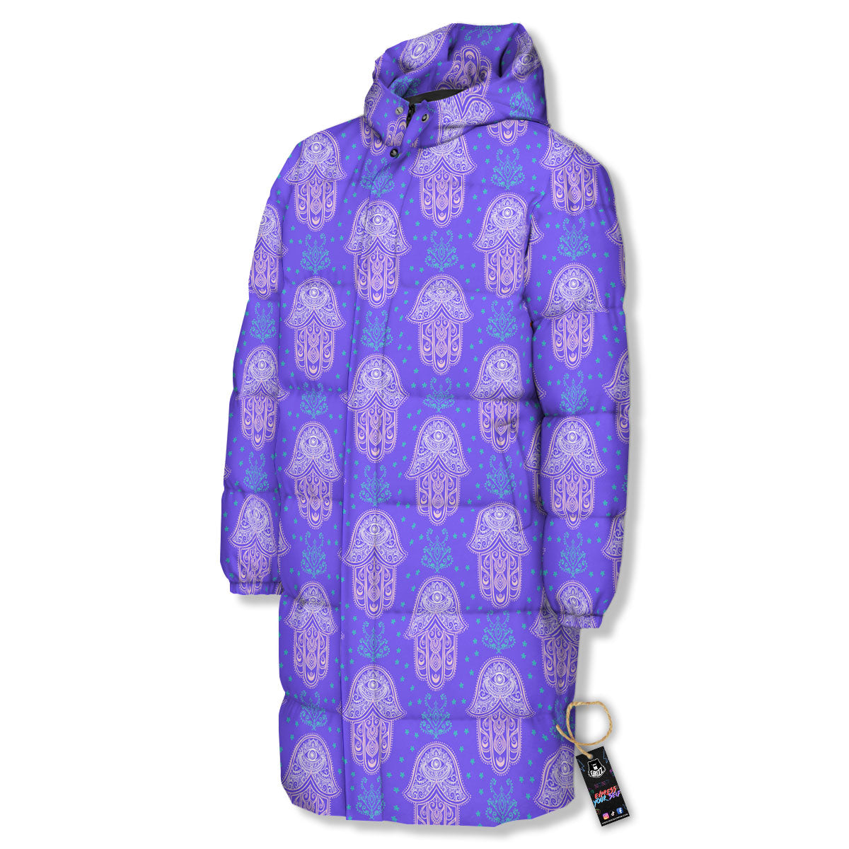 Hamsa Indian Print Pattern Long Down Jacket-grizzshop