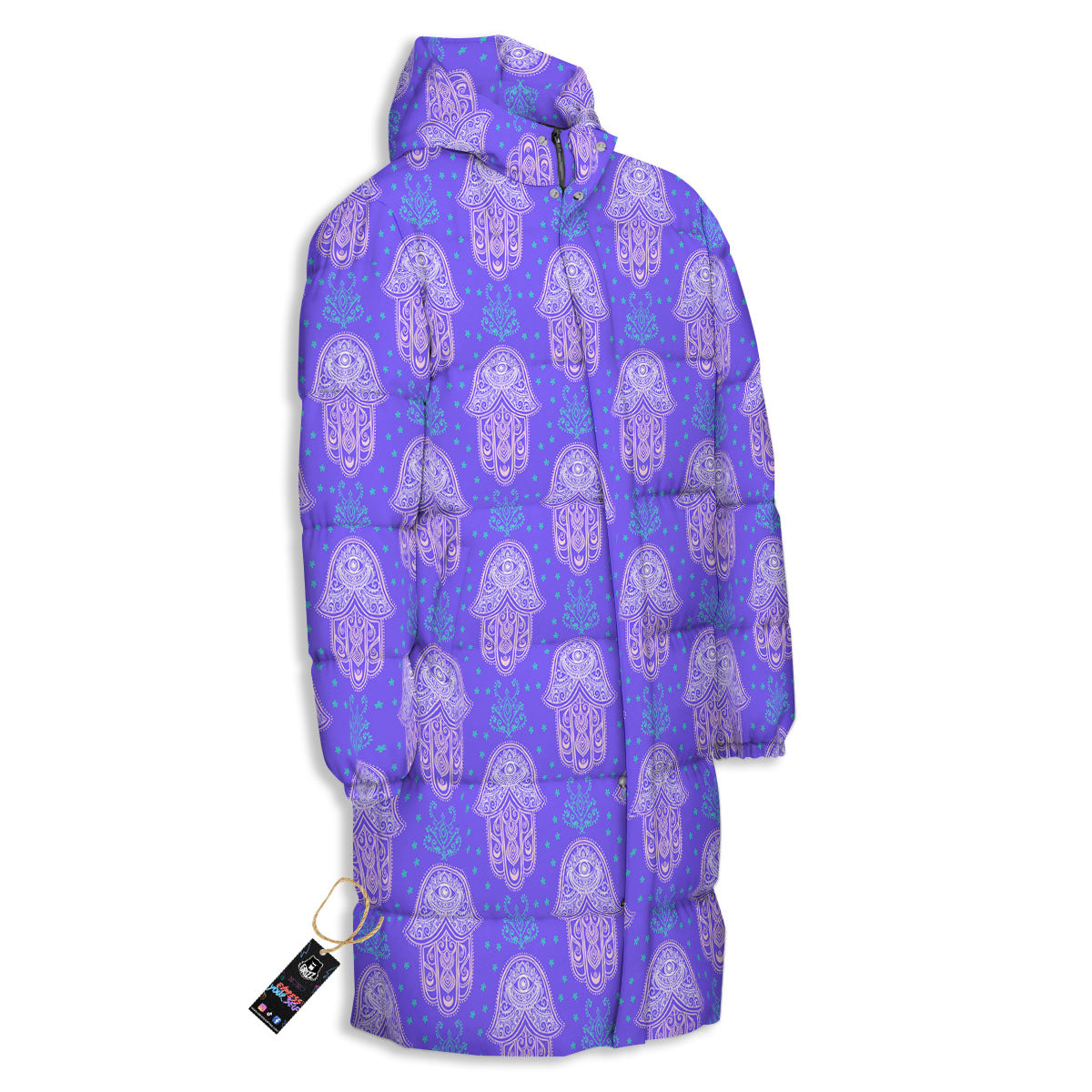 Hamsa Indian Print Pattern Long Down Jacket-grizzshop