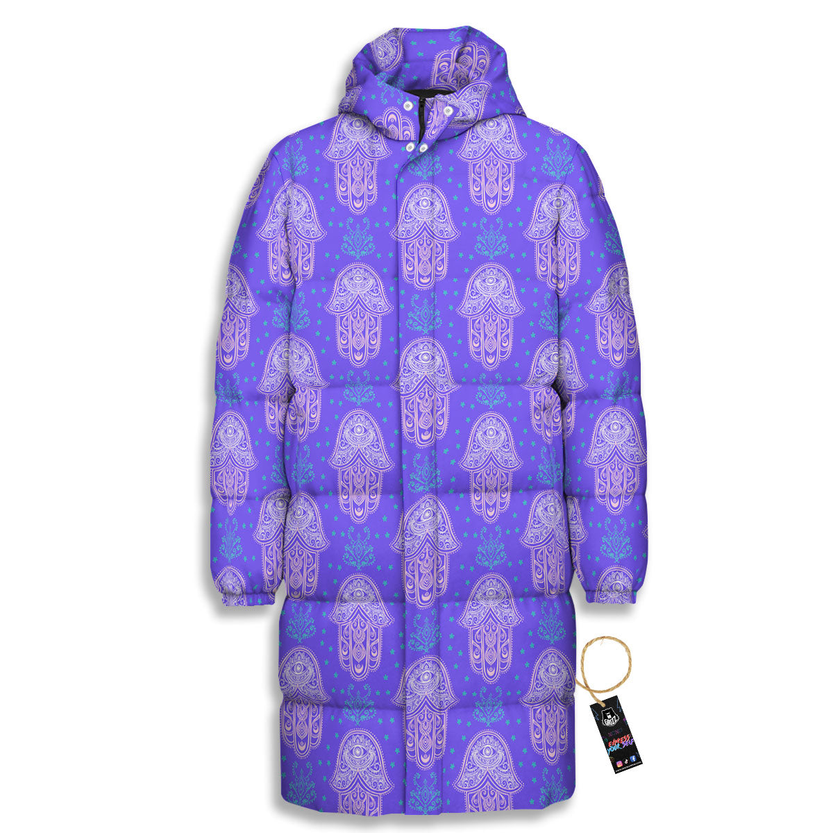 Hamsa Indian Print Pattern Long Down Jacket-grizzshop