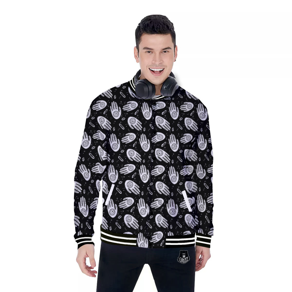 Hamsa Symbol Print Pattern Baseball Jacket-grizzshop