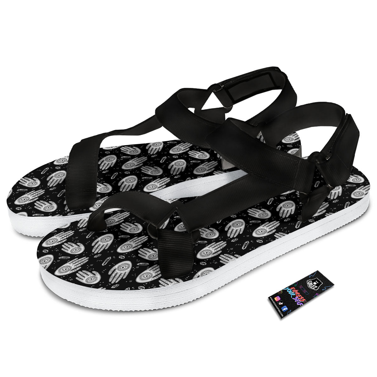 Hamsa Symbol Print Pattern Black Open Toe Sandals-grizzshop