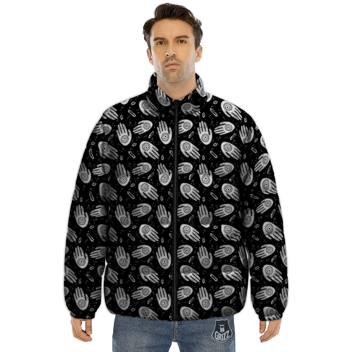 Hamsa Symbol Print Pattern Puffer Jacket-grizzshop