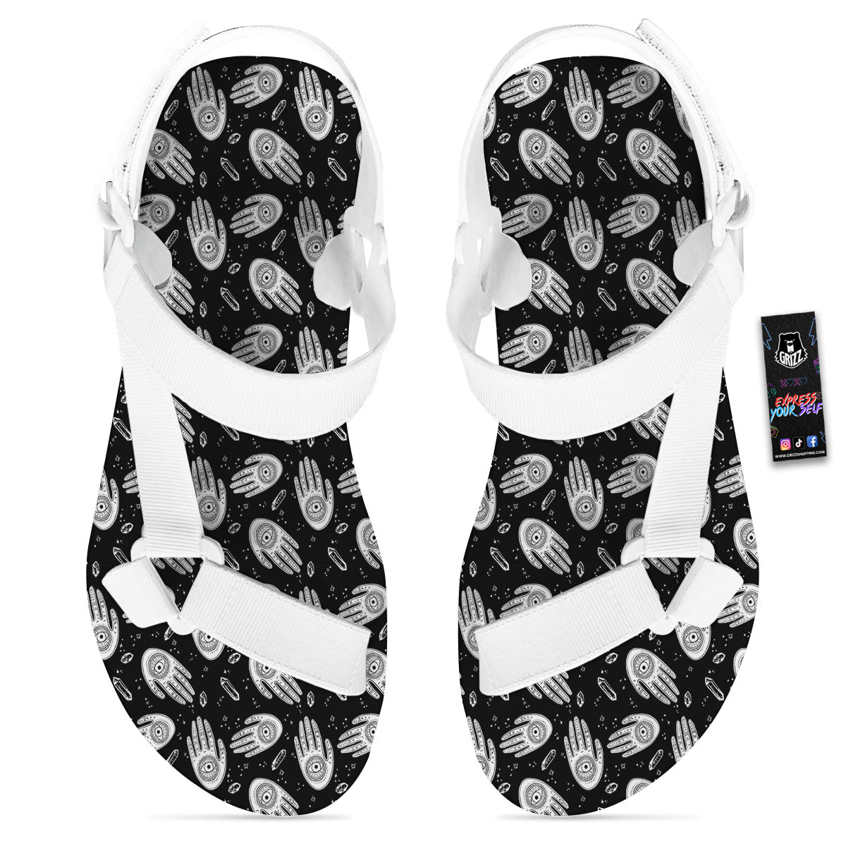 Hamsa Symbol Print Pattern White Open Toe Sandals-grizzshop