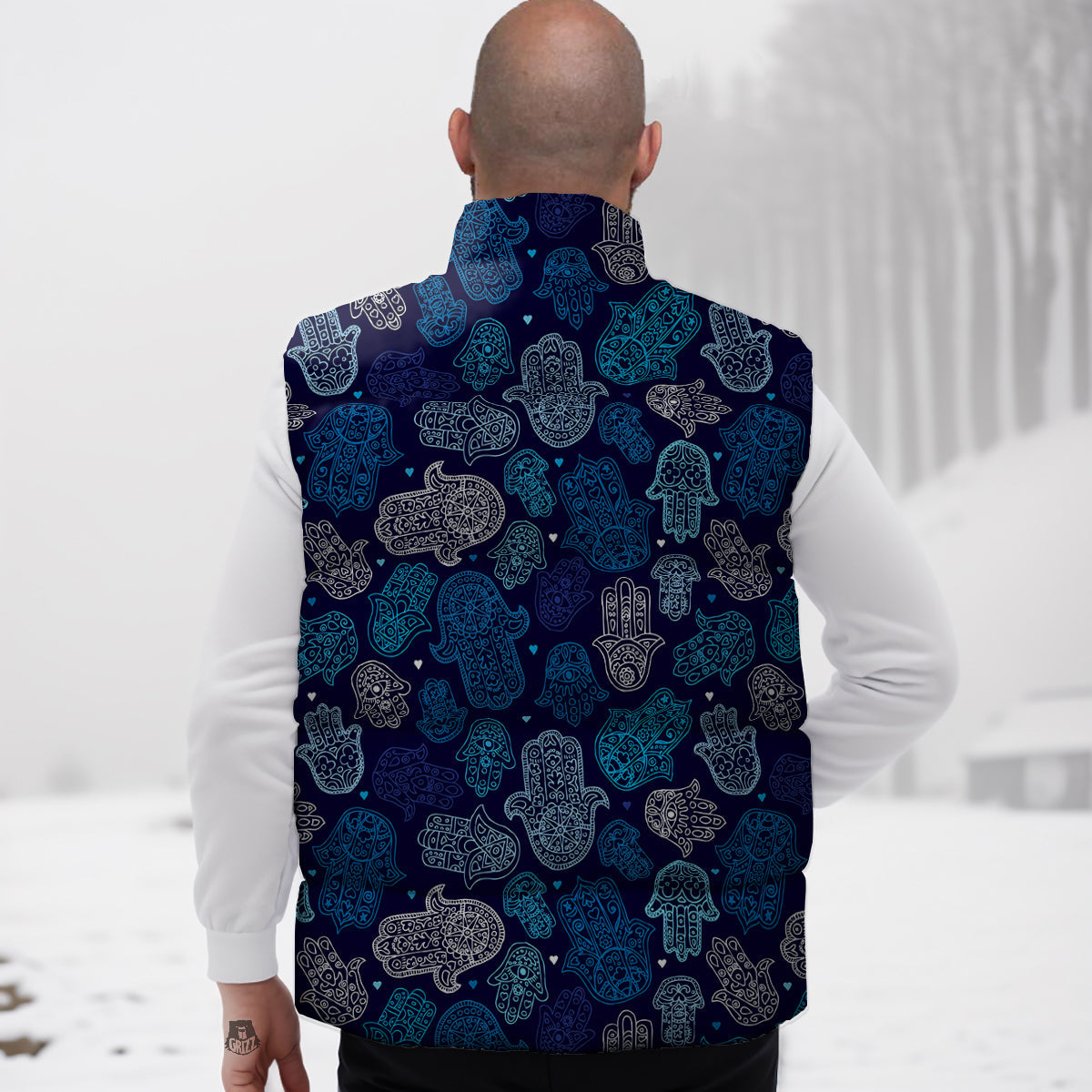 Hamsa Turquoise Print Pattern Down Vest-grizzshop