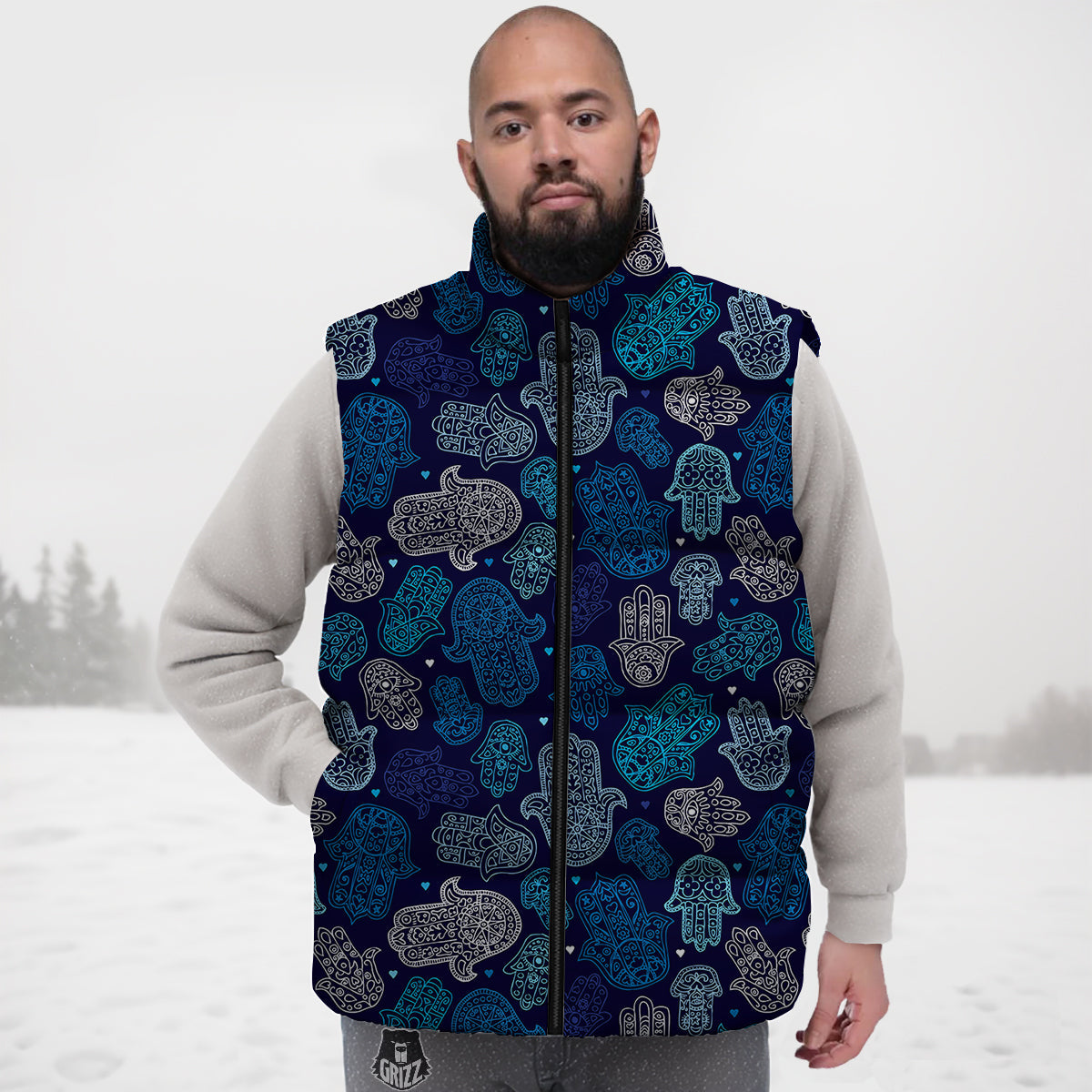 Hamsa Turquoise Print Pattern Down Vest-grizzshop
