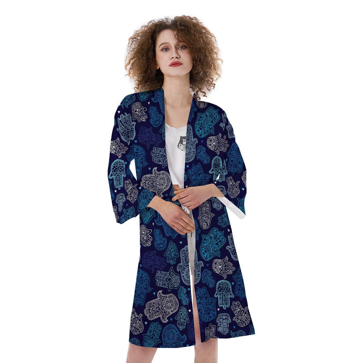 Hamsa Turquoise Print Pattern Kimono-grizzshop
