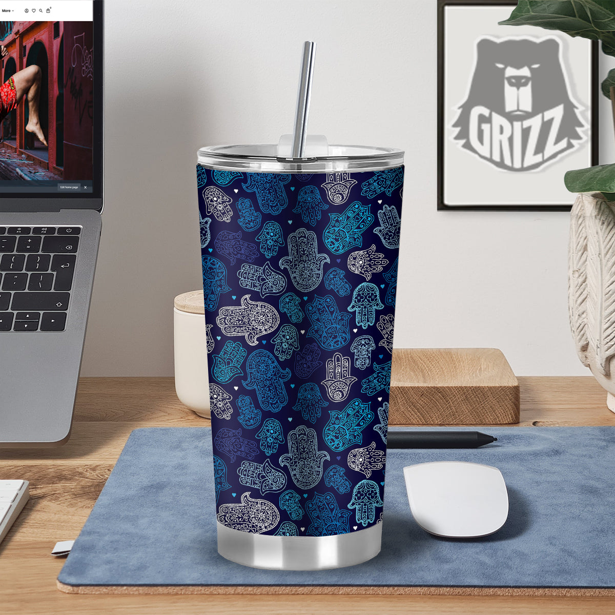 Hamsa Turquoise Print Pattern Tumbler-grizzshop