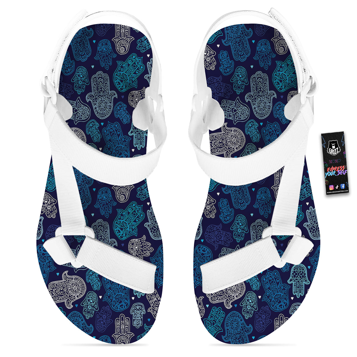 Hamsa Turquoise Print Pattern White Open Toe Sandals-grizzshop