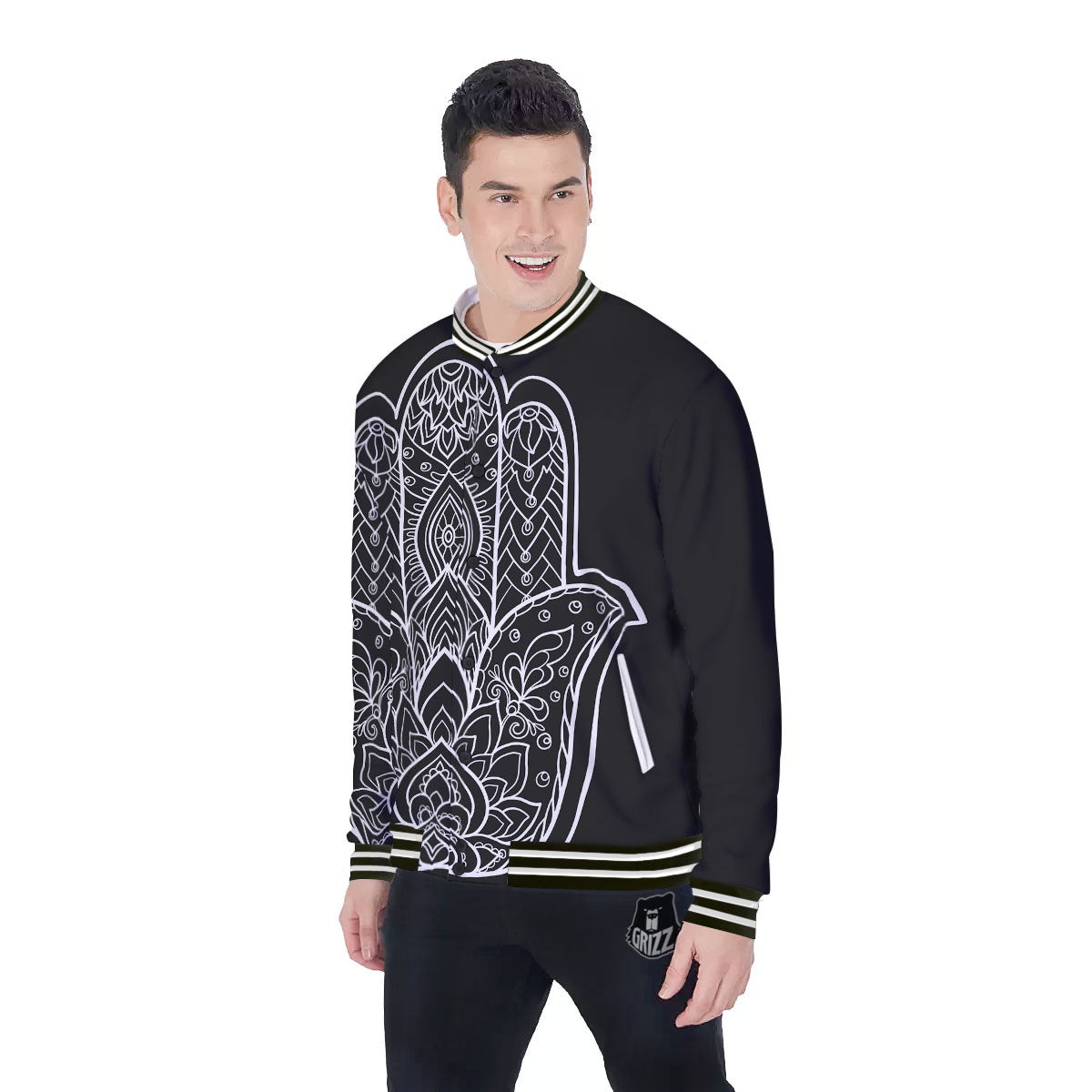 Hamsa White And Black Print Baseball Jacket-grizzshop