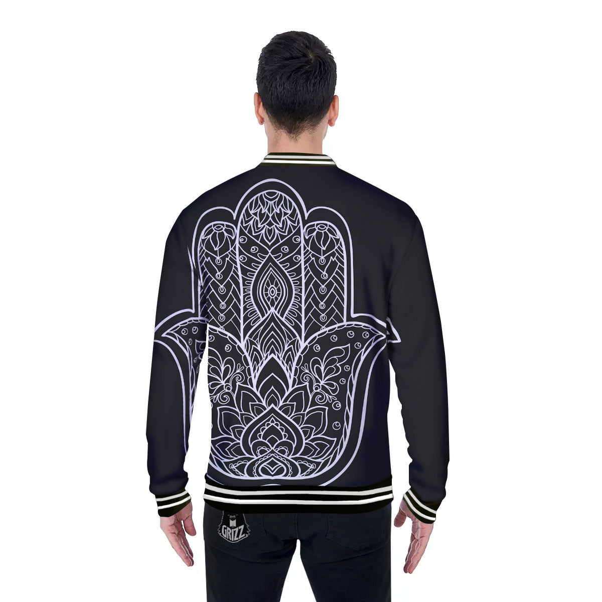 Hamsa White And Black Print Baseball Jacket-grizzshop