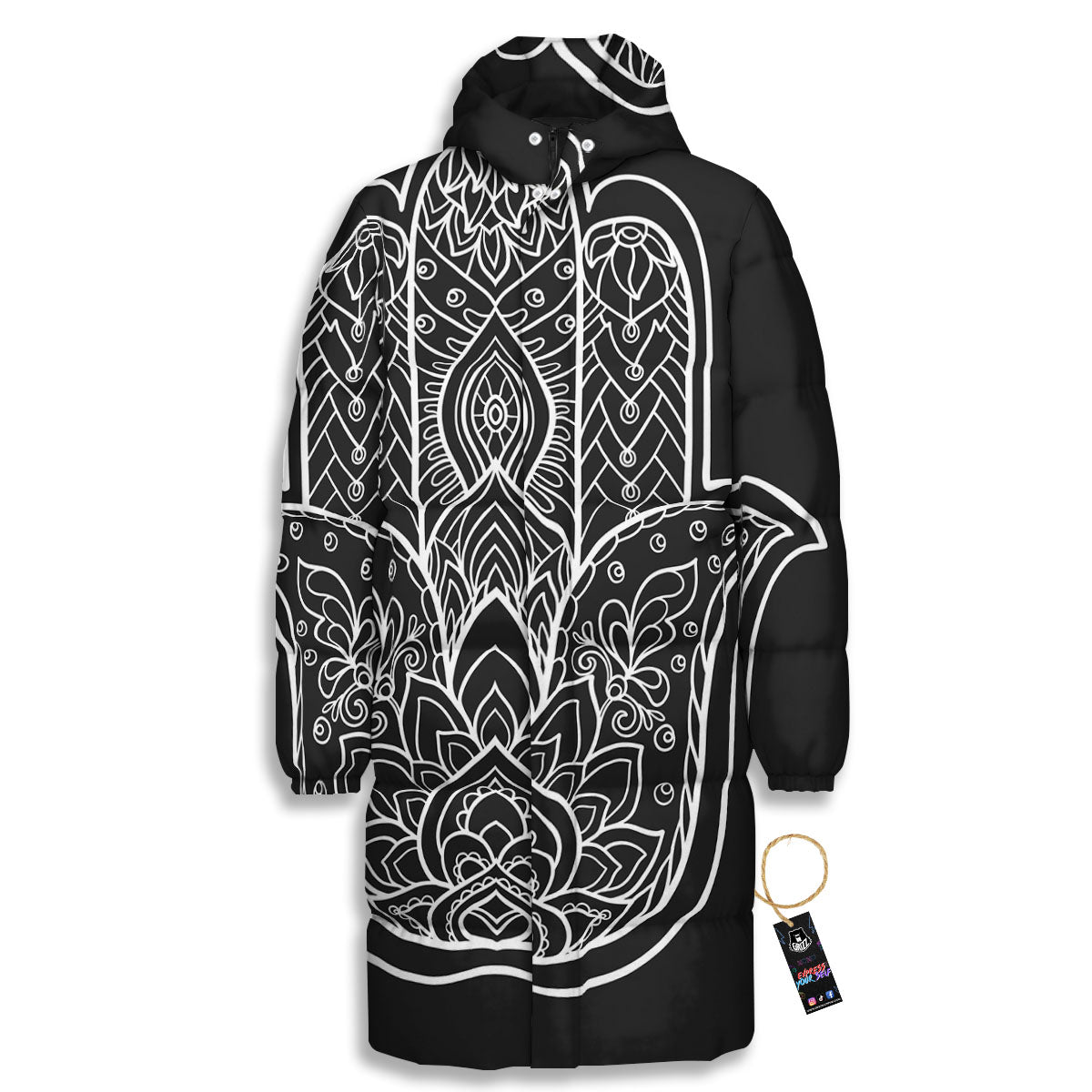 Hamsa White And Black Print Long Down Jacket