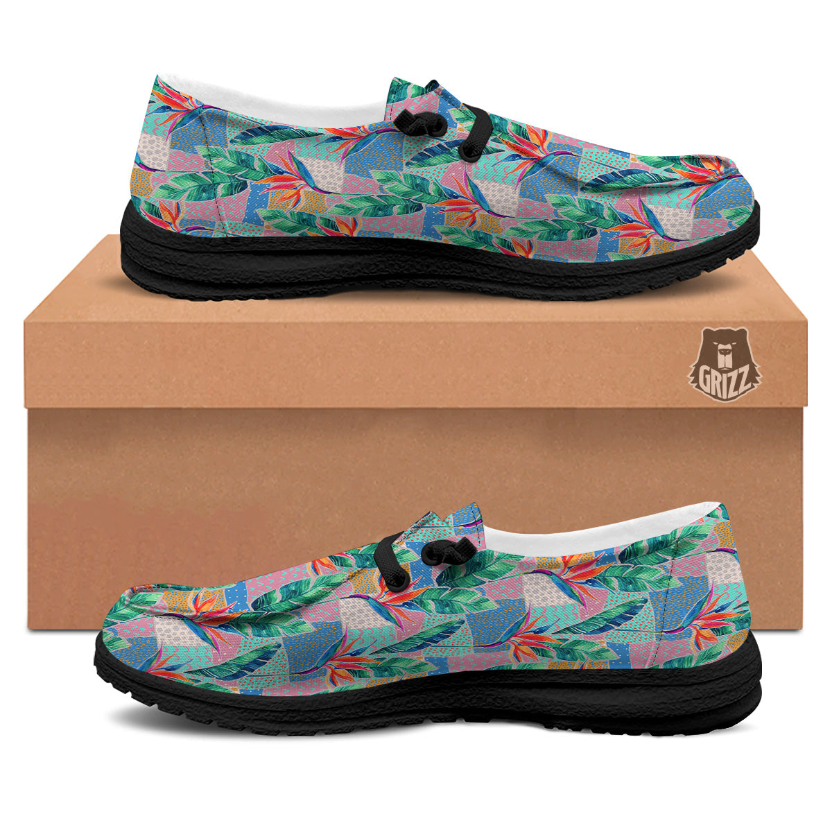 Hand Drawn Watercolor Tropical Print Pattern Black Loafers-grizzshop