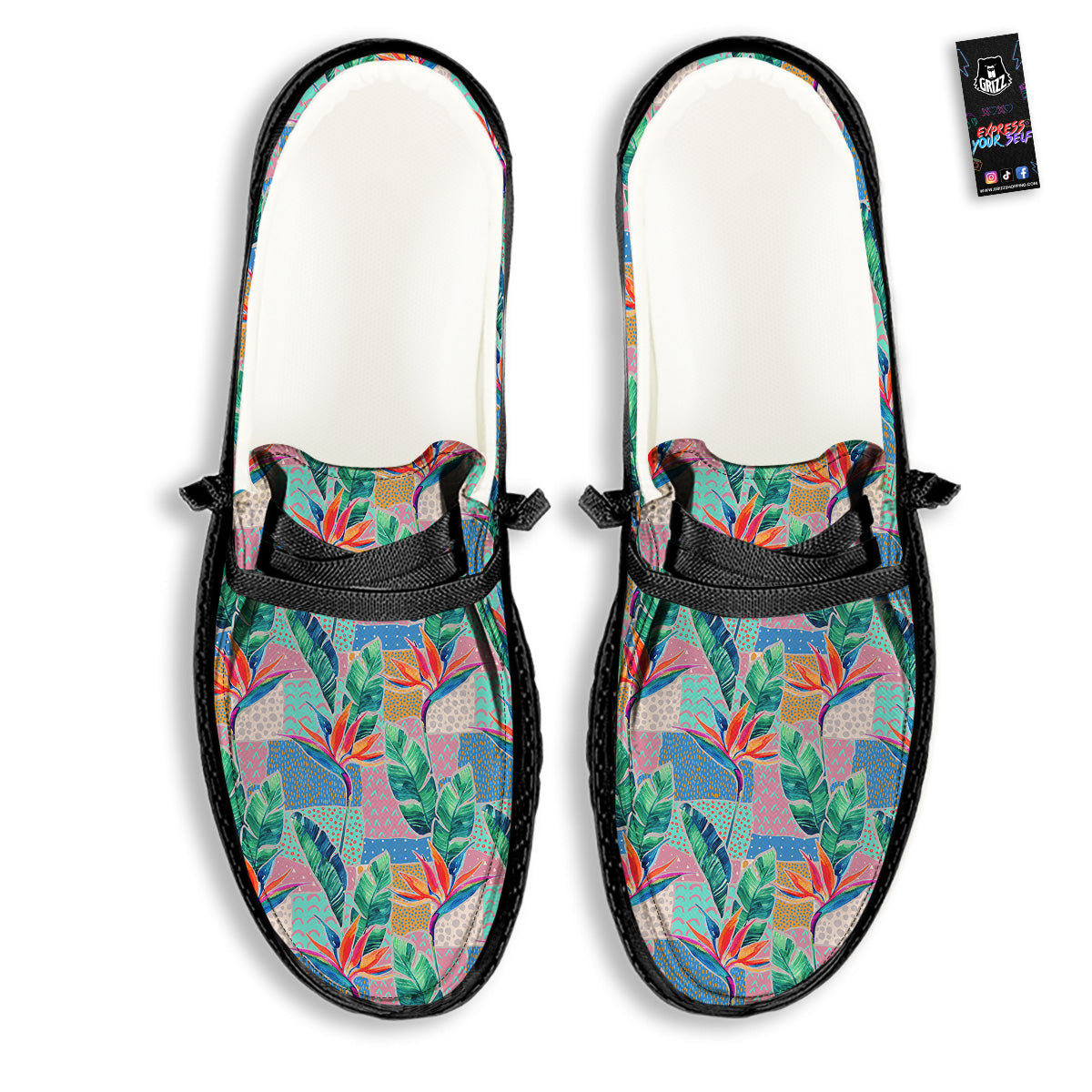 Hand Drawn Watercolor Tropical Print Pattern Black Loafers-grizzshop