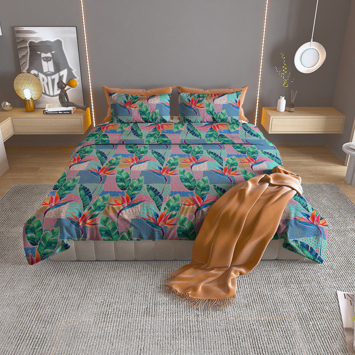 Hand Drawn Watercolor Tropical Print Pattern Duvet Cover Bedding Set-grizzshop