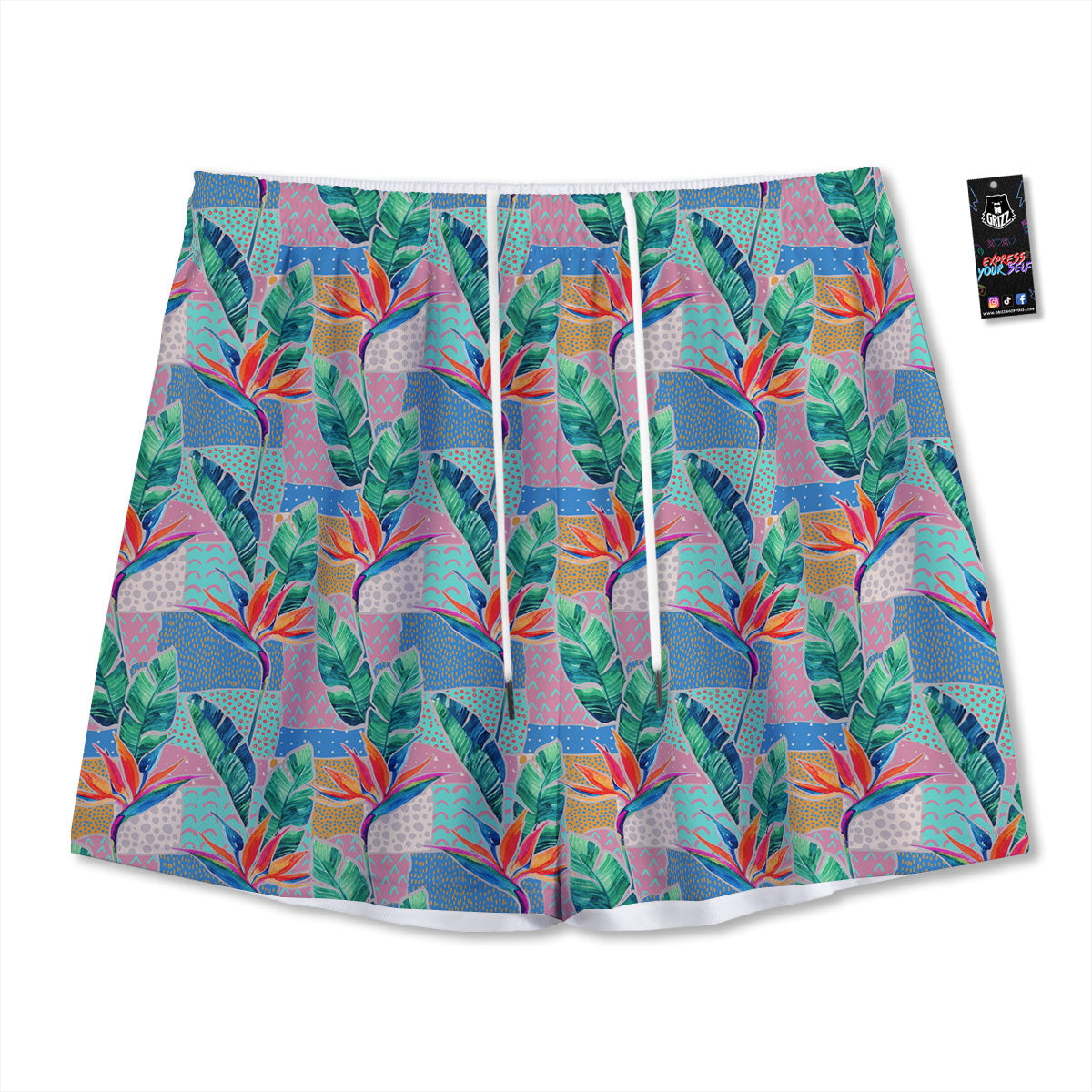 Hand Drawn Watercolor Tropical Print Pattern Mesh Shorts-grizzshop