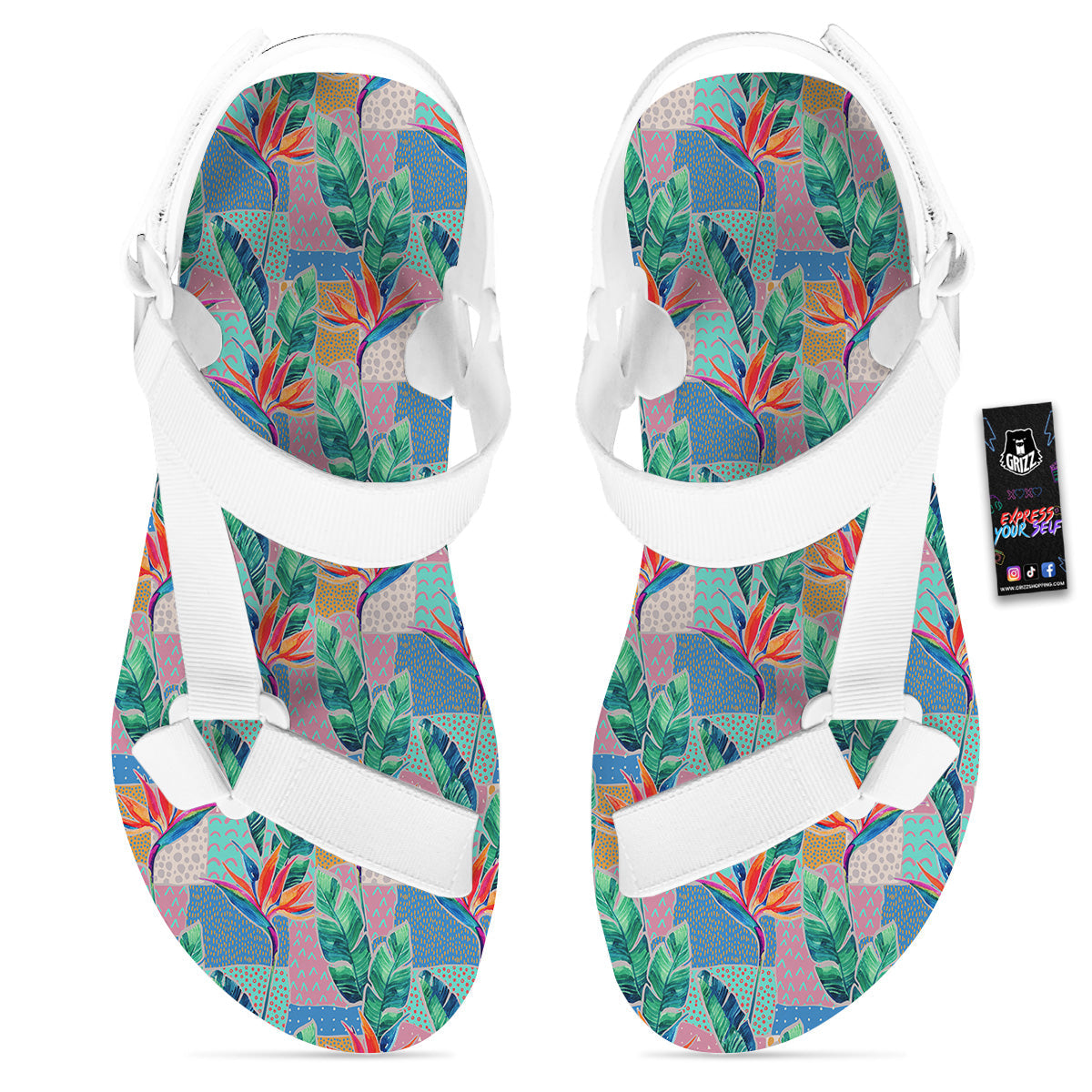 Hand Drawn Watercolor Tropical Print Pattern White Open Toe Sandals-grizzshop