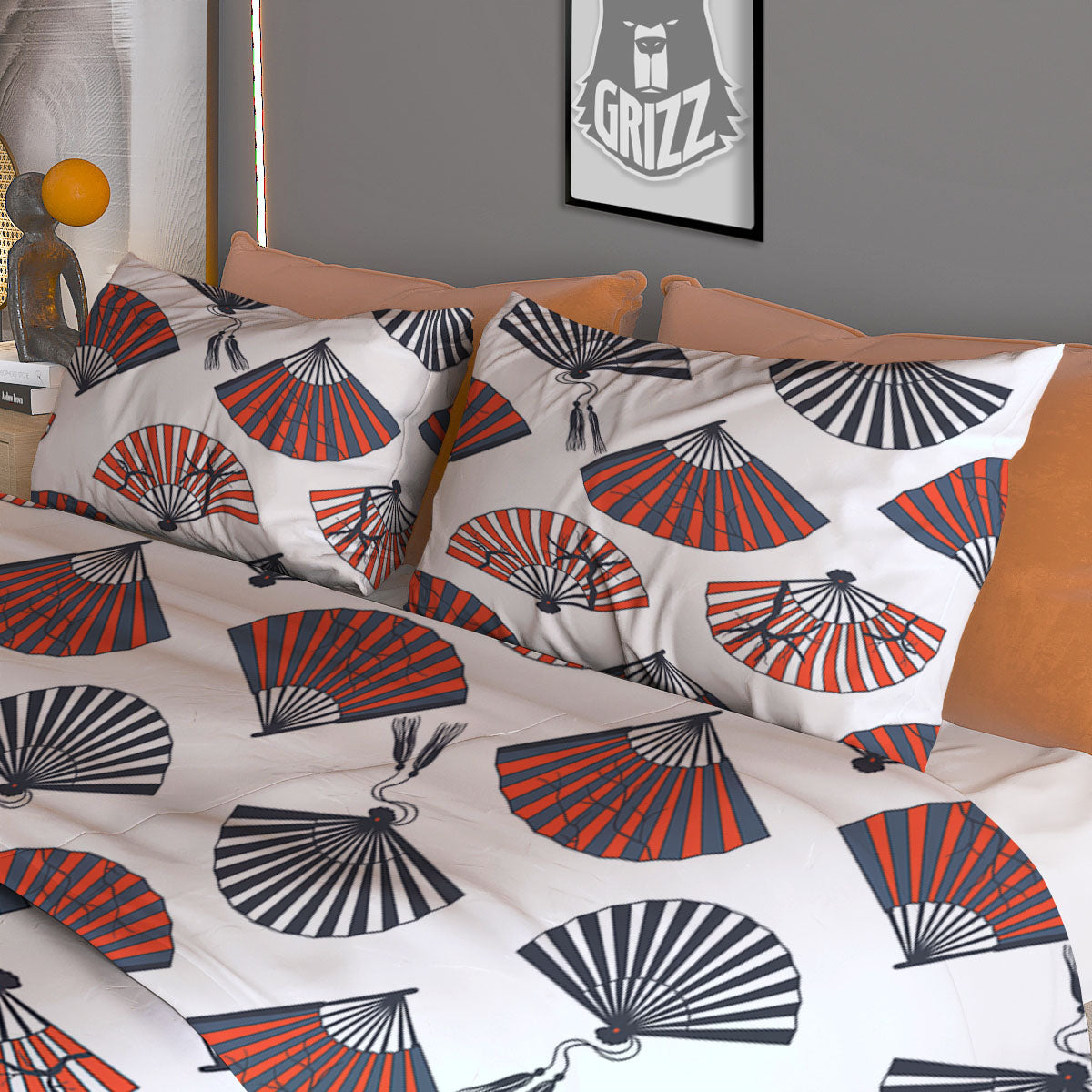 Hand Fan Japanese Print Pattern Duvet Cover Bedding Set