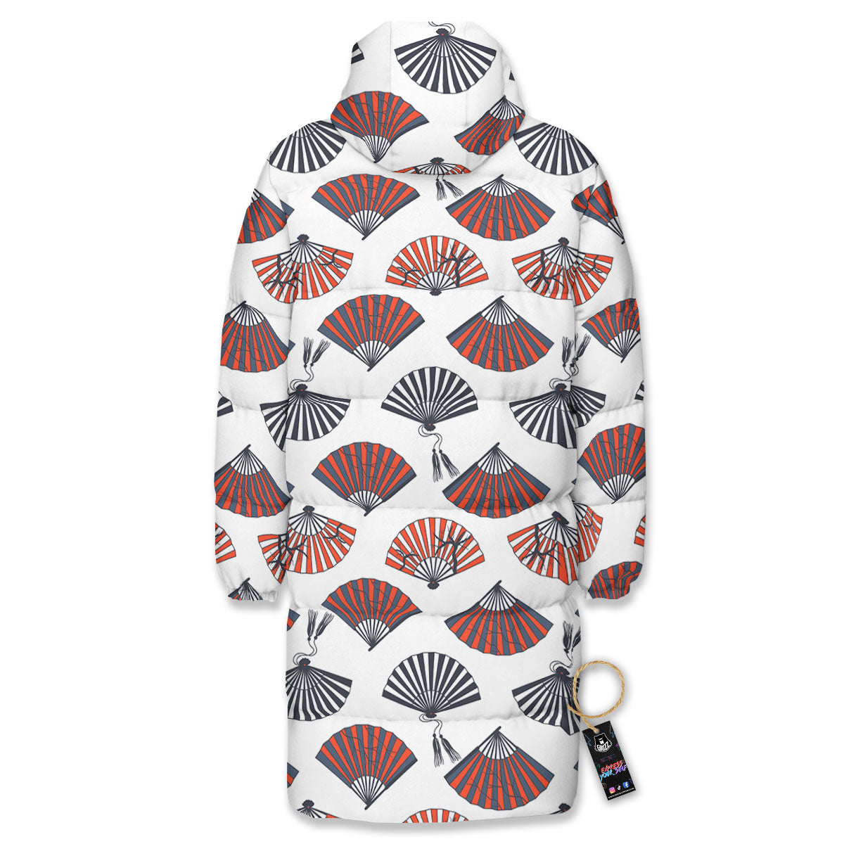 Hand Fan Japanese Print Pattern Long Down Jacket-grizzshop
