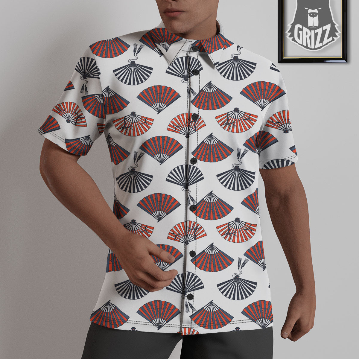 Hand Fan Japanese Print Pattern Untucked Shirts-grizzshop