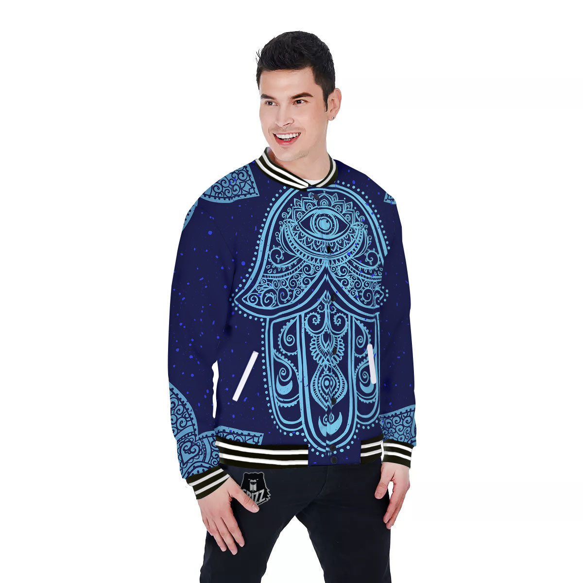 Hand Indian Hamsa Print Baseball Jacket-grizzshop