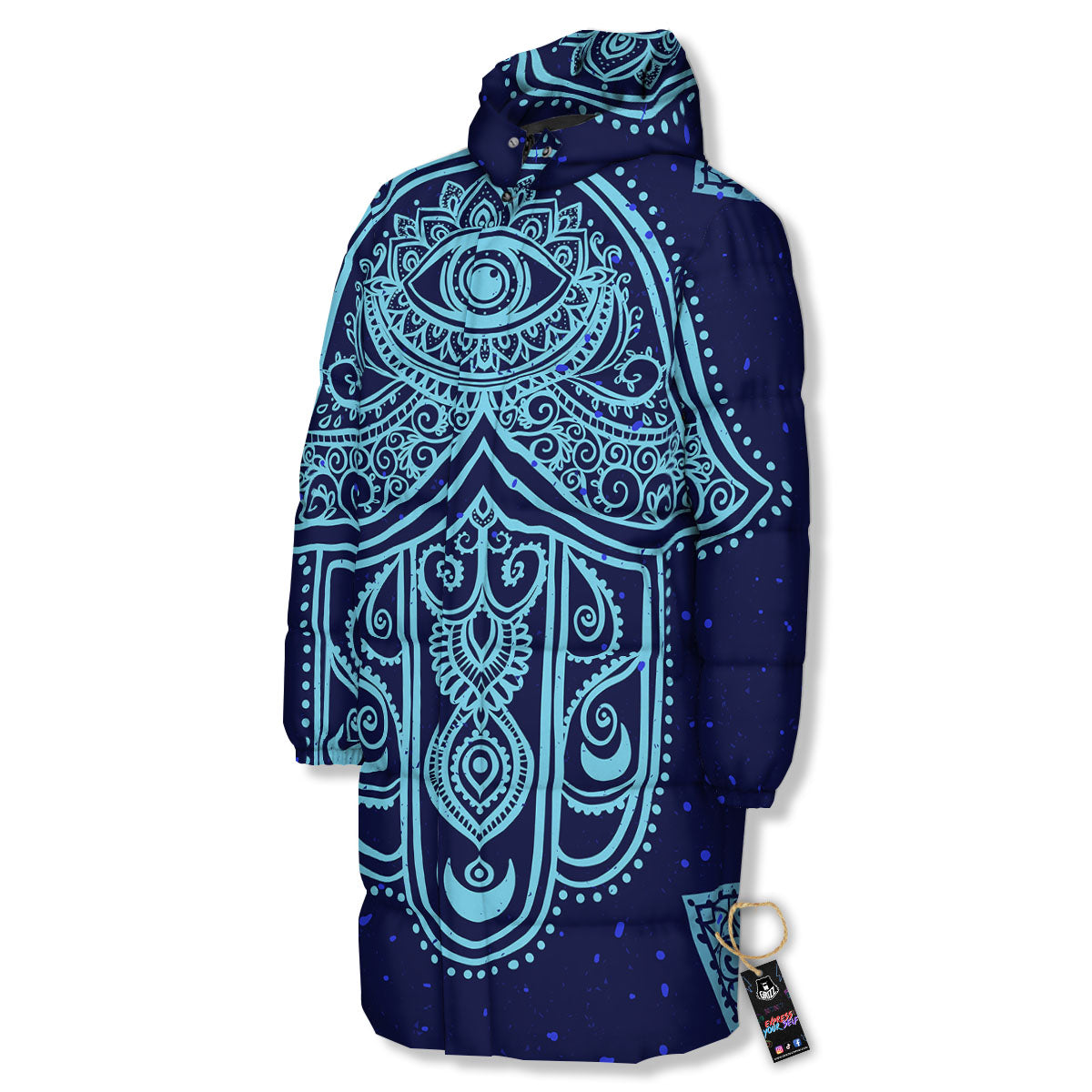 Hand Indian Hamsa Print Long Down Jacket-grizzshop
