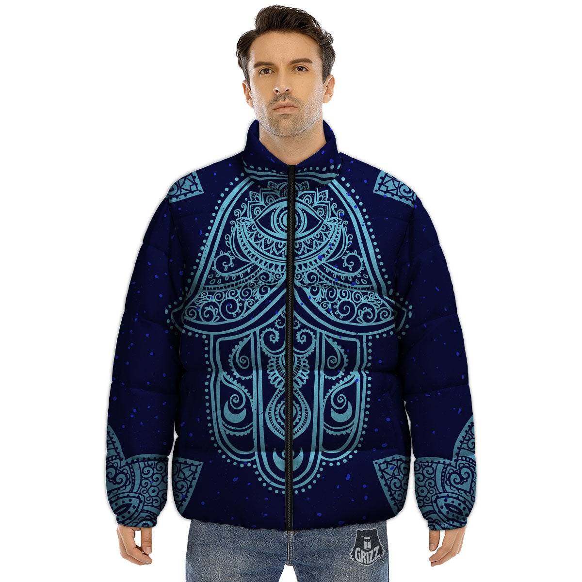 Hand Indian Hamsa Print Puffer Jacket-grizzshop