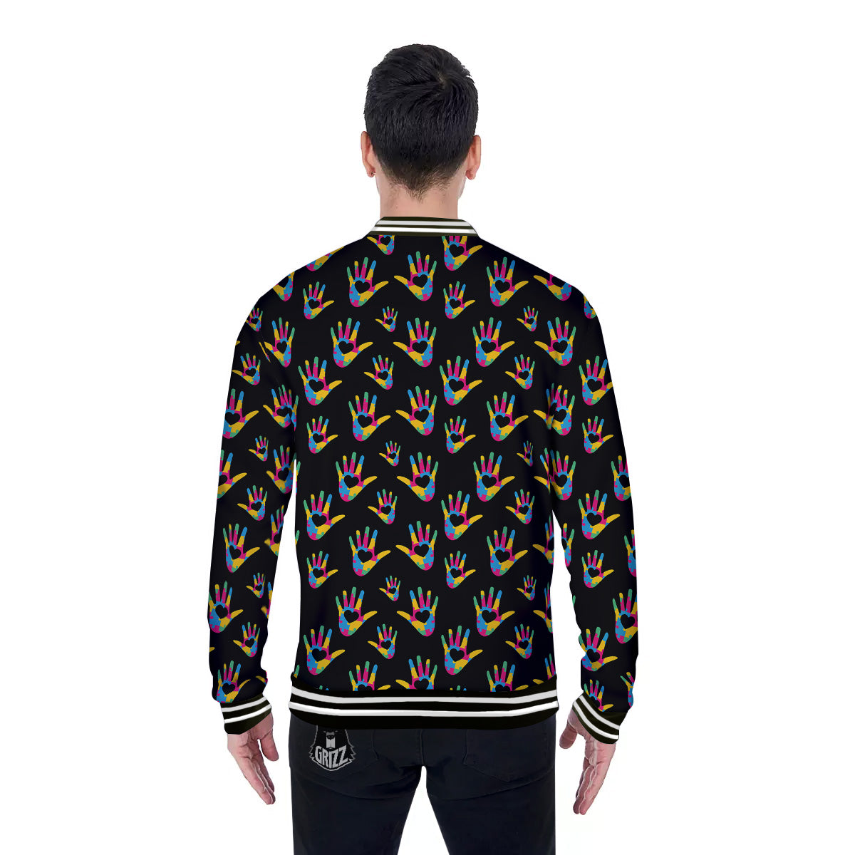 Hand Shaped Autism Day Print Pattern Baseball Jacket-grizzshop