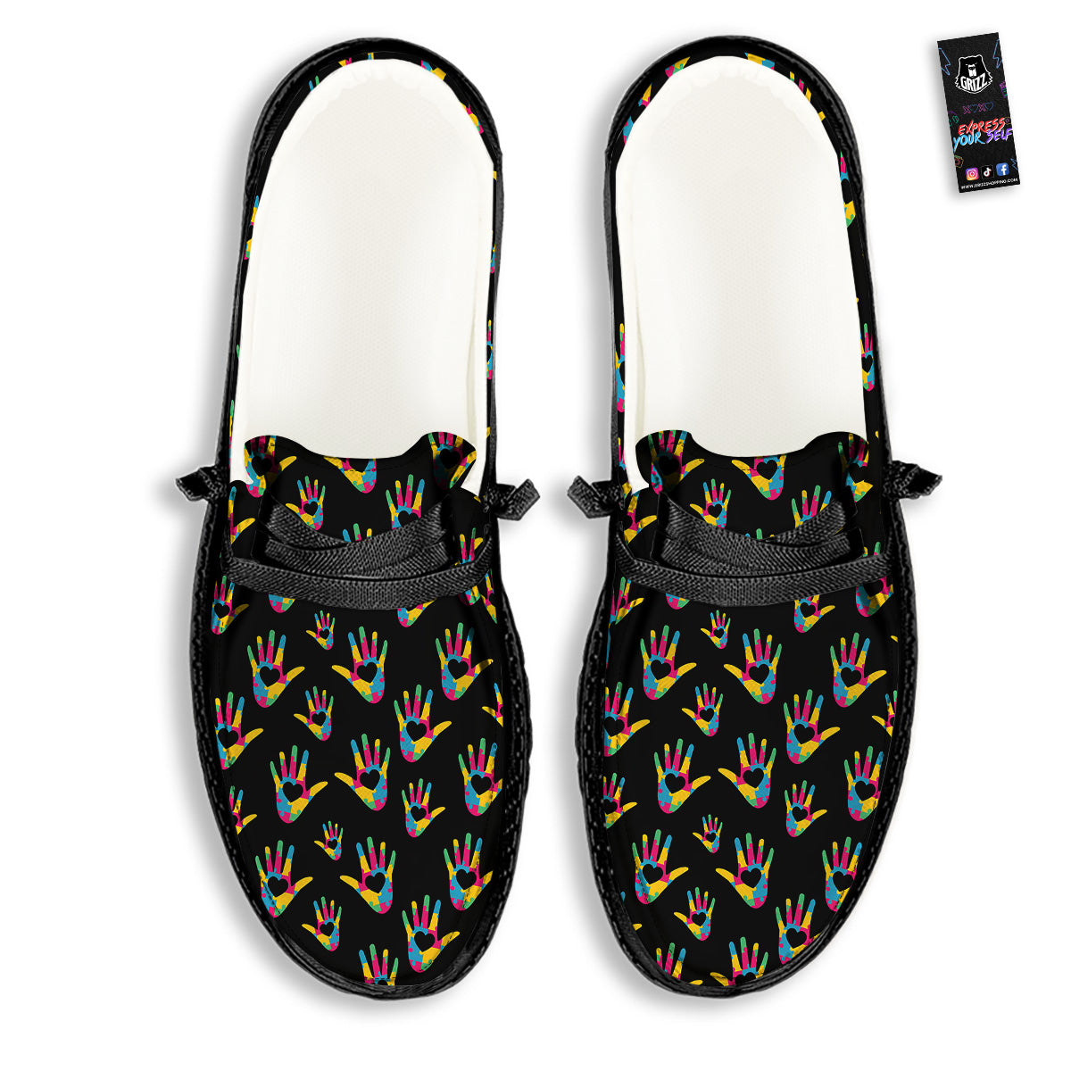 Hand Shaped Autism Day Print Pattern Black Loafers-grizzshop