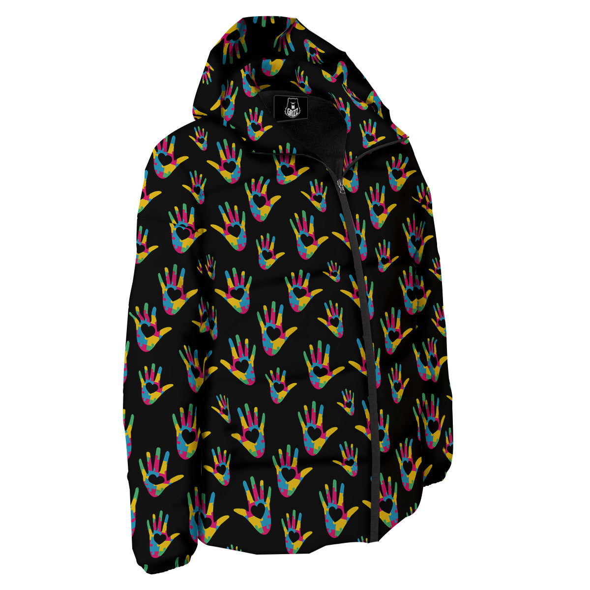 Hand Shaped Autism Day Print Pattern Down Jacket-grizzshop