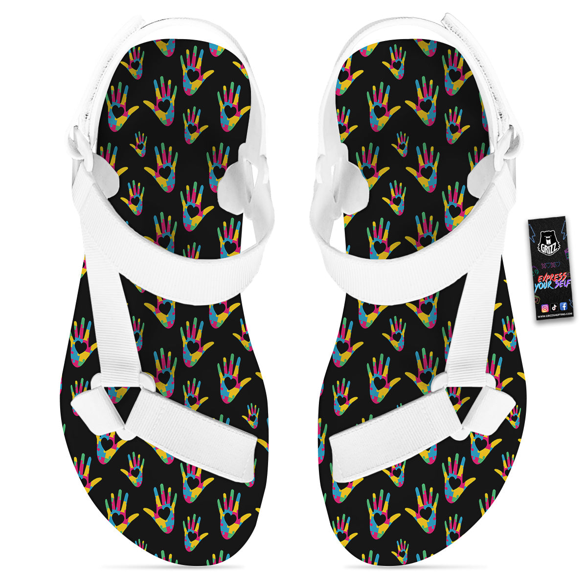 Hand Shaped Autism Day Print Pattern White Open Toe Sandals-grizzshop
