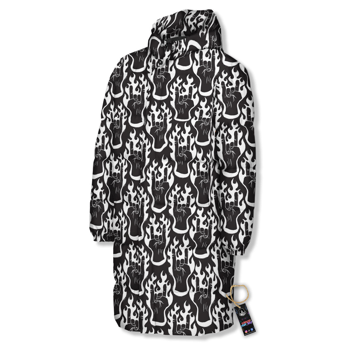 Hand Sign Rock And Roll Print Pattern Long Down Jacket-grizzshop