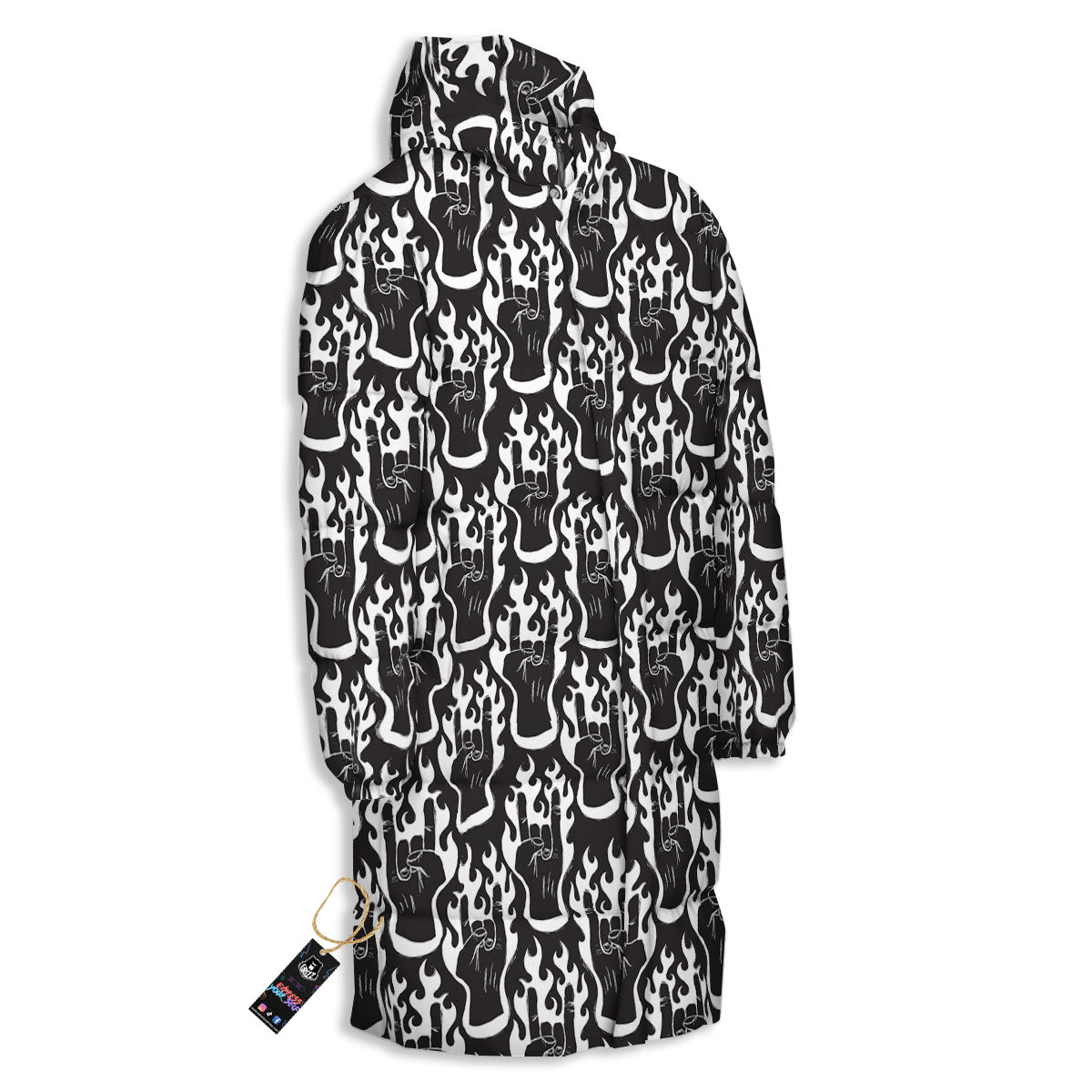Hand Sign Rock And Roll Print Pattern Long Down Jacket-grizzshop