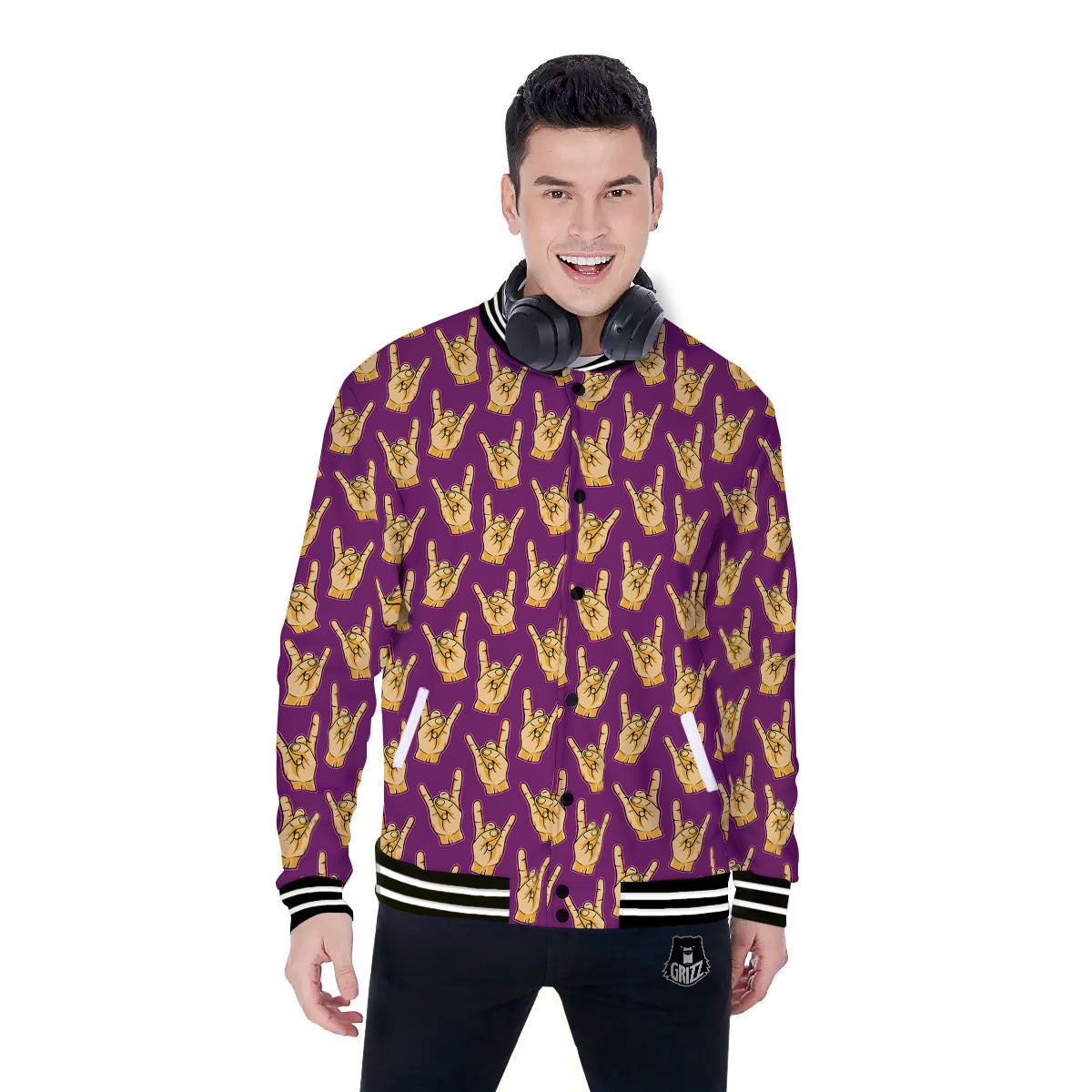 Hand Symbol Rock And Roll Print Pattern Baseball Jacket-grizzshop