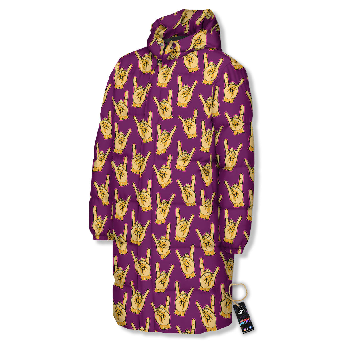 Hand Symbol Rock And Roll Print Pattern Long Down Jacket-grizzshop
