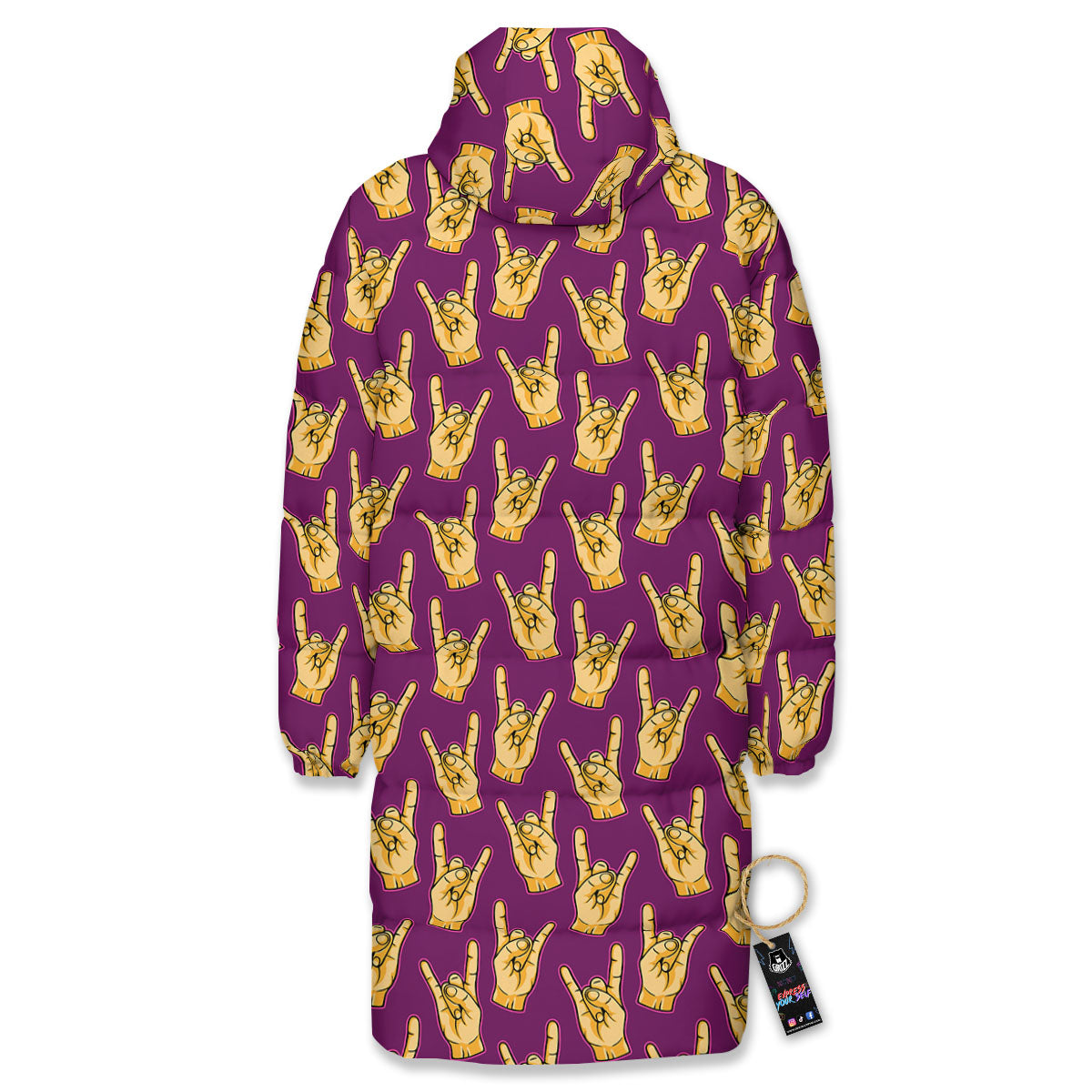 Hand Symbol Rock And Roll Print Pattern Long Down Jacket-grizzshop
