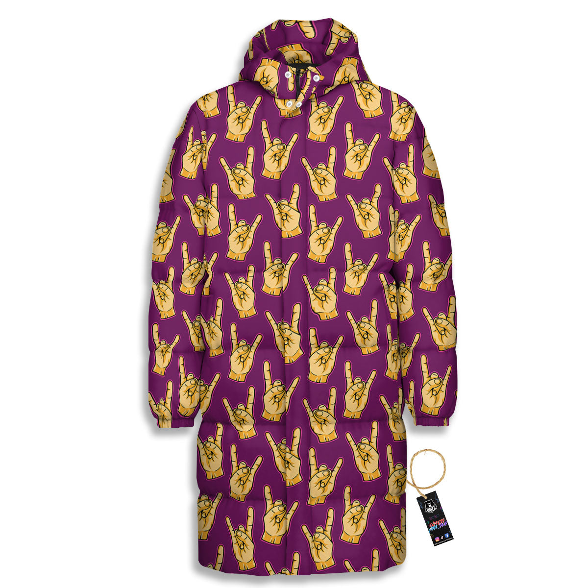 Hand Symbol Rock And Roll Print Pattern Long Down Jacket-grizzshop
