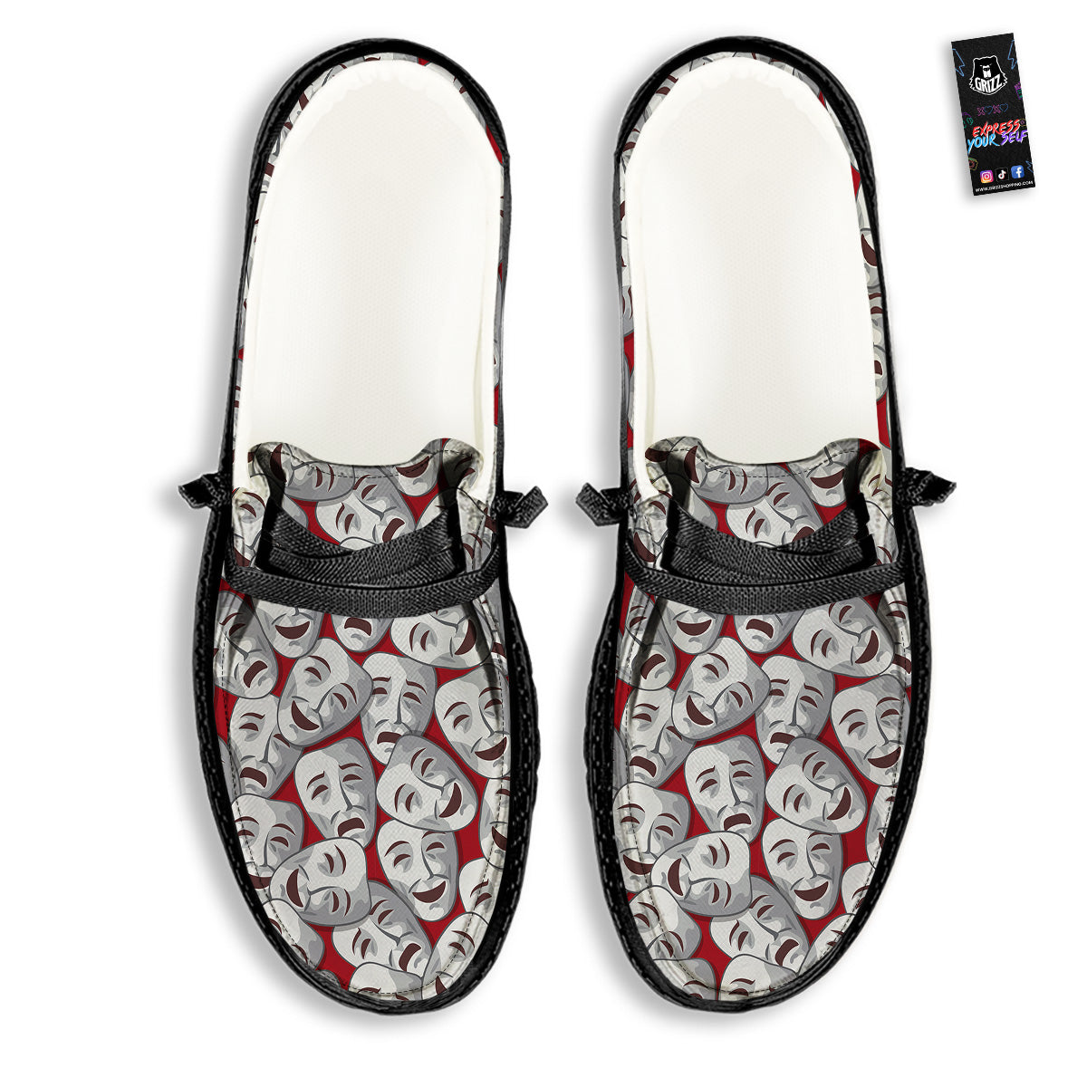 Happy And Sad Theatrical Masks Print Pattern Black Loafers-grizzshop