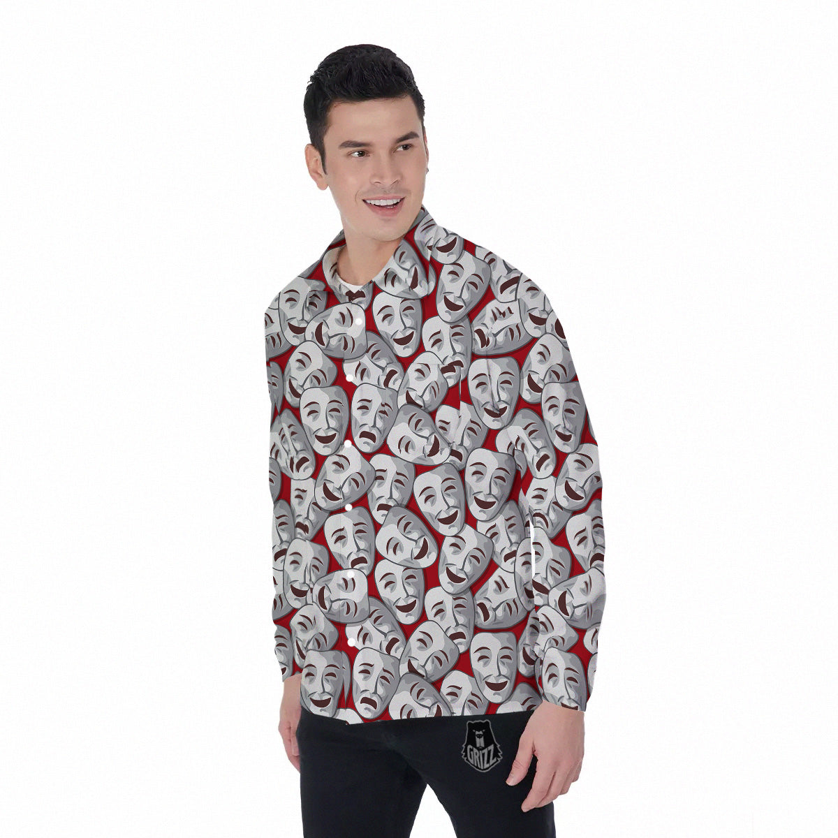 Happy And Sad Theatrical Masks Print Pattern Men's Long Sleeve Shirts-grizzshop