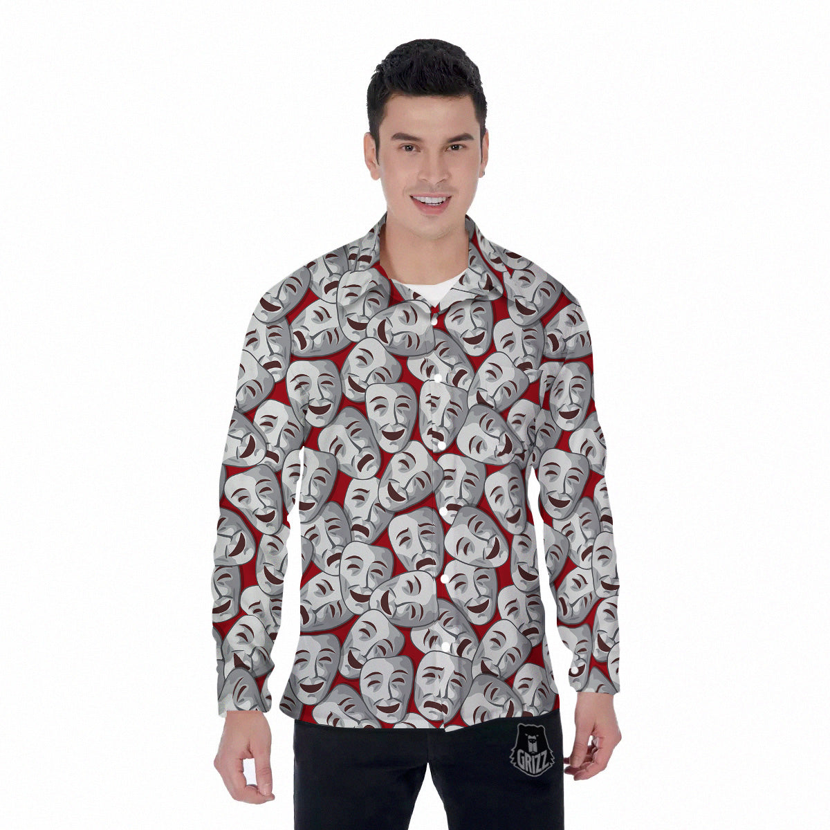 Happy And Sad Theatrical Masks Print Pattern Men's Long Sleeve Shirts-grizzshop