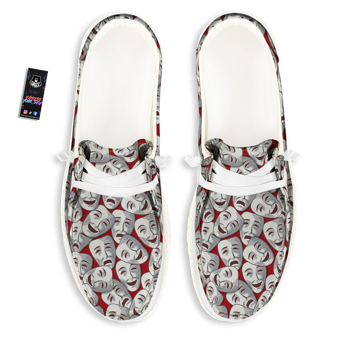 Happy And Sad Theatrical Masks Print Pattern White Loafers-grizzshop