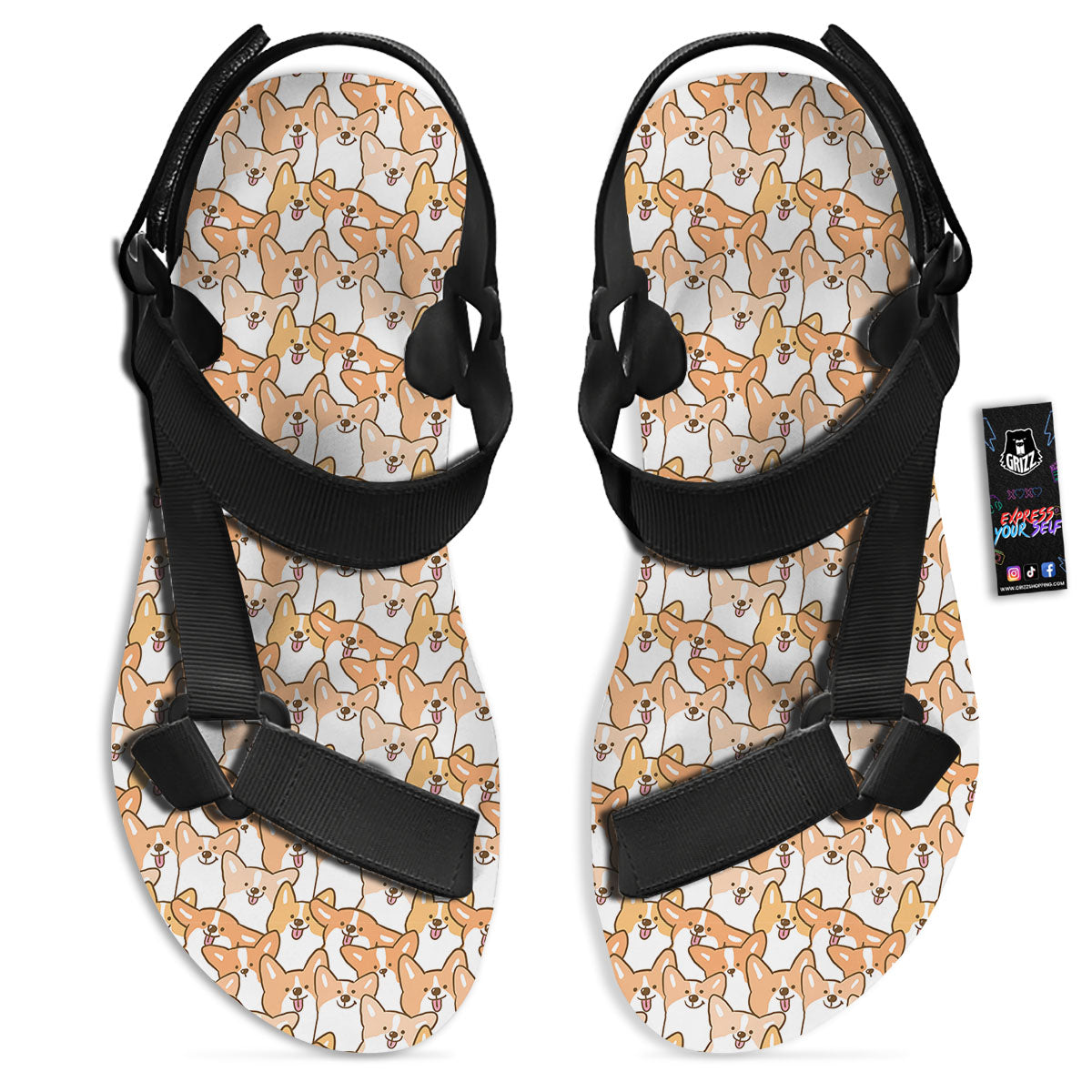 Happy Corgi Print Pattern Black Open Toe Sandals-grizzshop