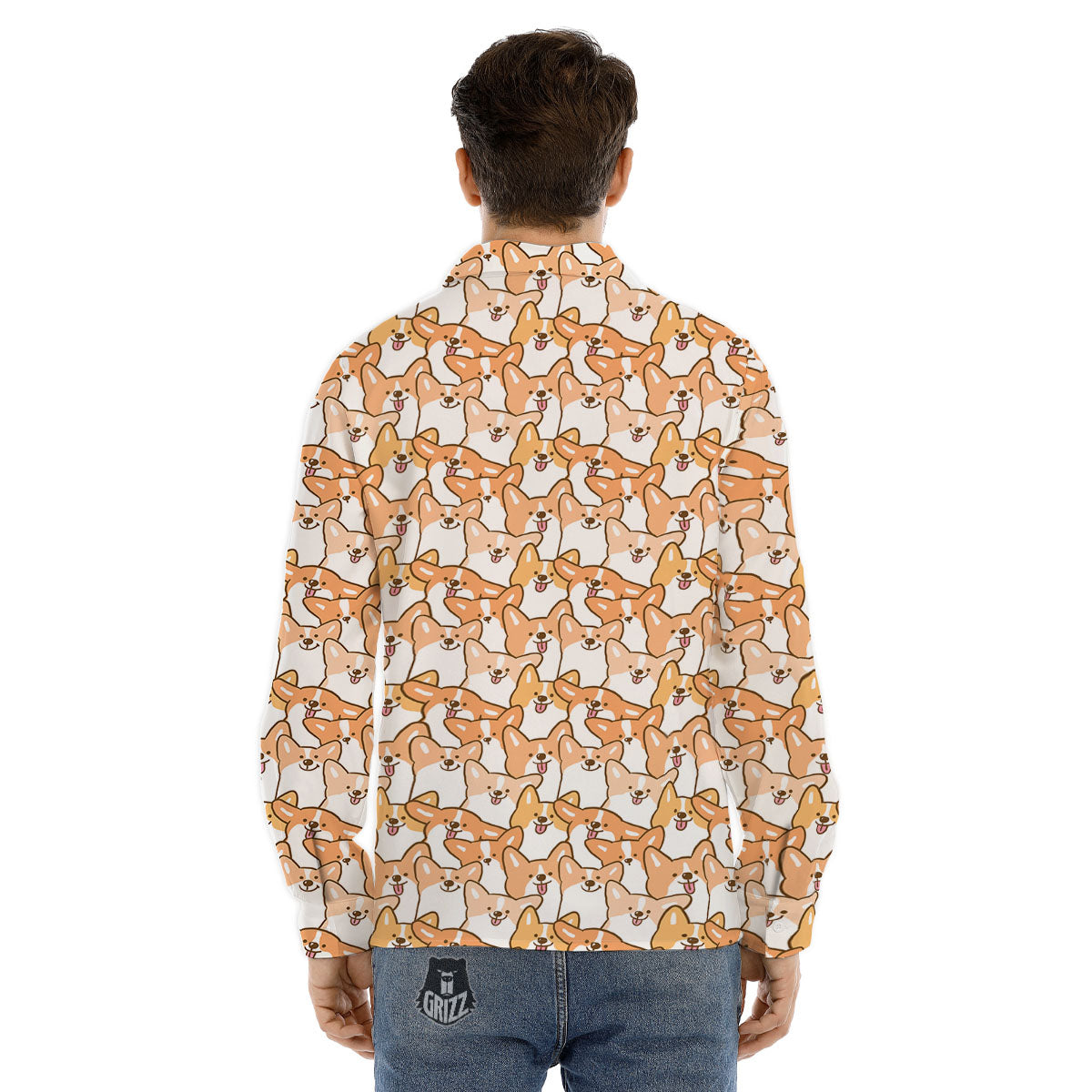 Happy Corgi Print Pattern Men's Dress Shirts-grizzshop