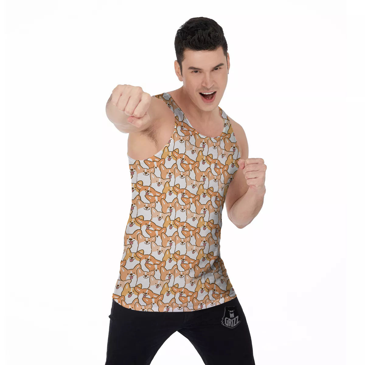 Happy Corgi Print Pattern Men's Tank Top-grizzshop