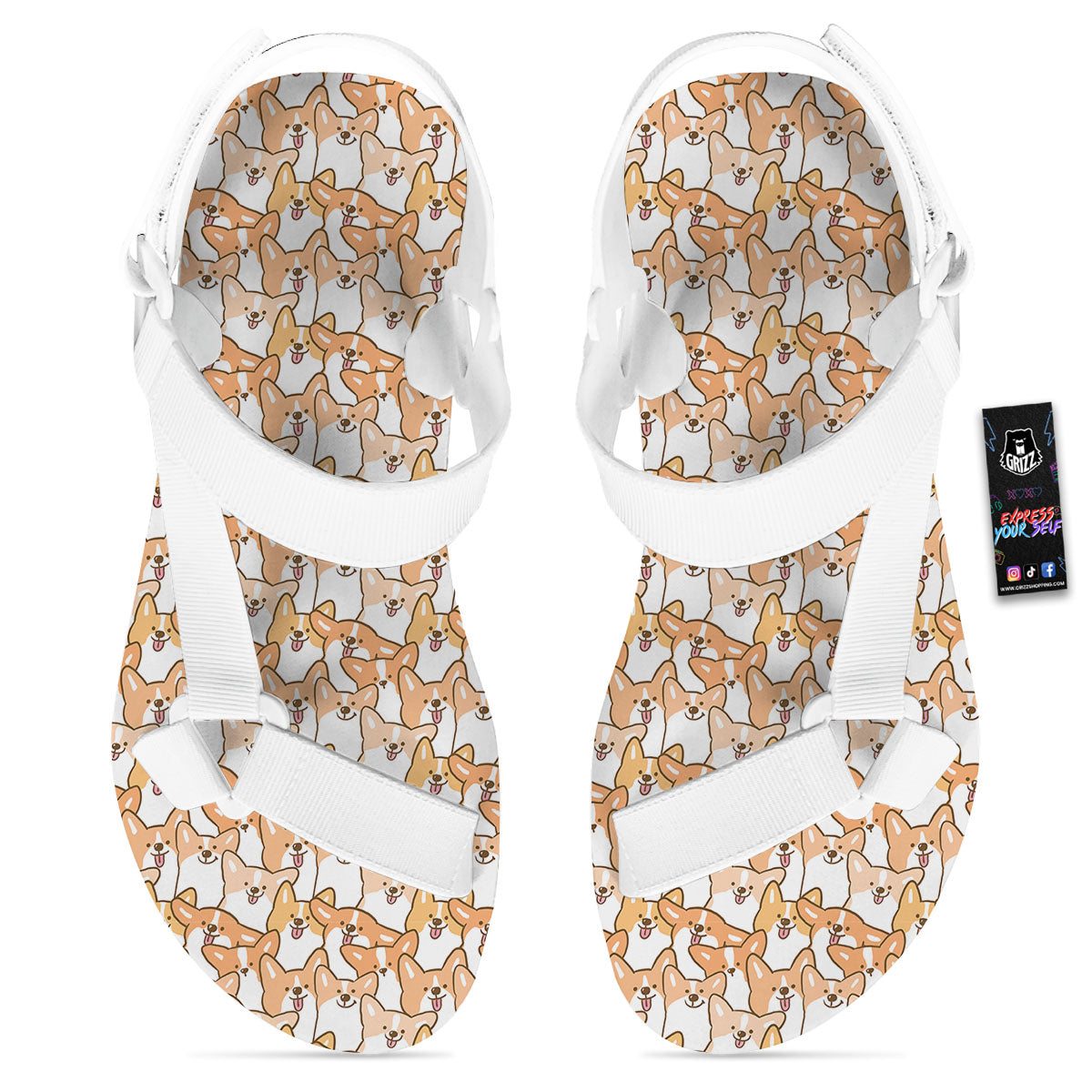 Happy Corgi Print Pattern White Open Toe Sandals-grizzshop