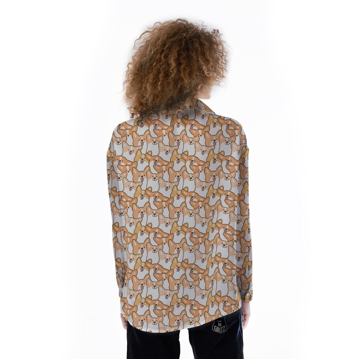 Happy Corgi Print Pattern Women's Long Sleeve Shirts-grizzshop